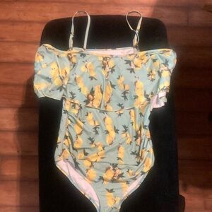 Size L women’s blue one piece swimsuit w/ lemons